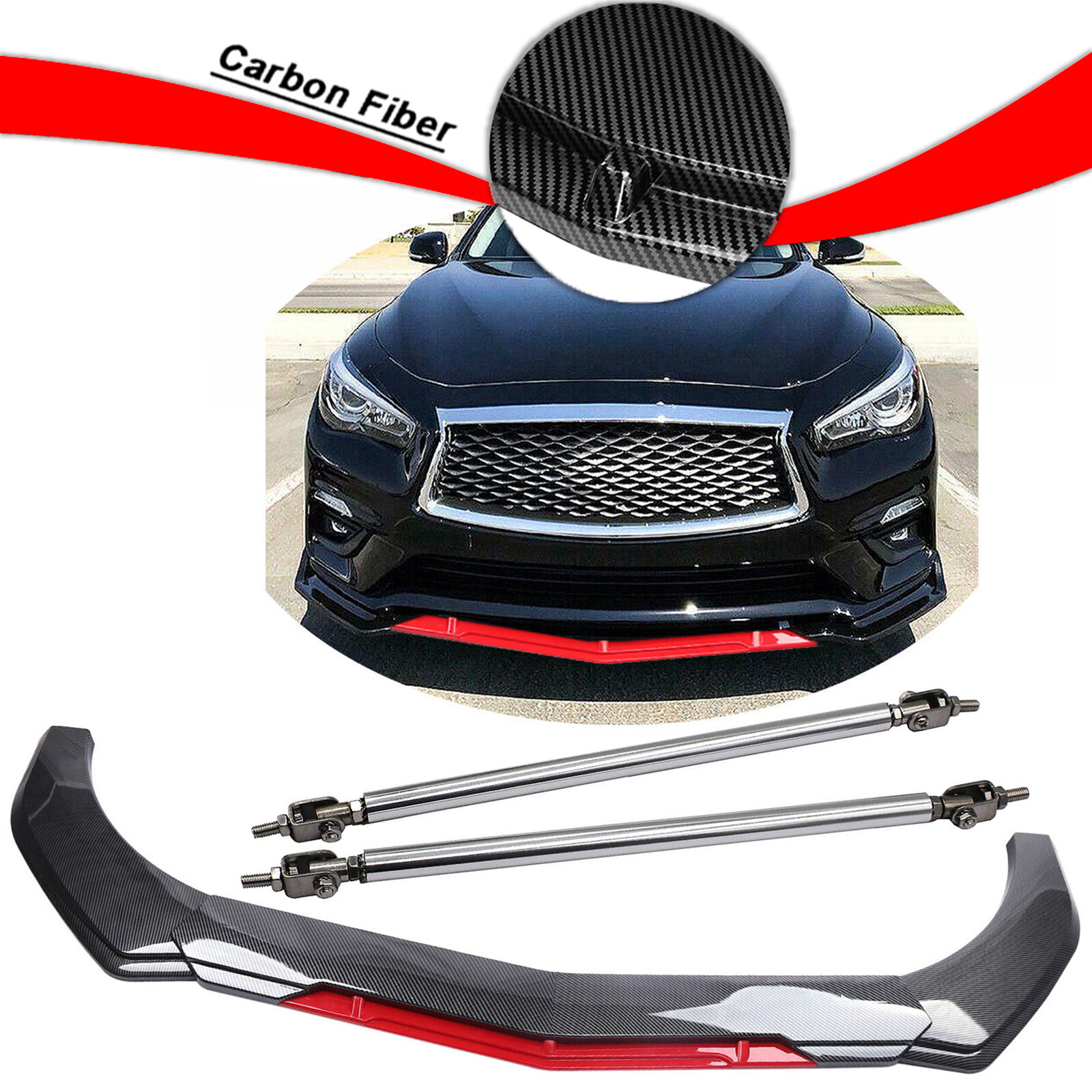 Infiniti Q50 Base Front Bumper Lip Spoiler Splitter Kit with Strut Rod