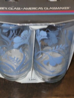 NOS Vintage Libbey Glass Set 4 13 oz Tumblers Glasses 90s Blue Flowers Floral