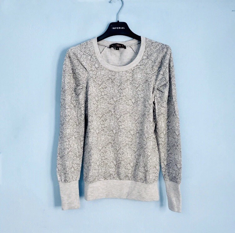 MISO PULLOVER MAGLIONCINO DONNA MANICHE LUNGHE GRIGIO DAMASCATO FLOREALE - Imagen 2 de 4
