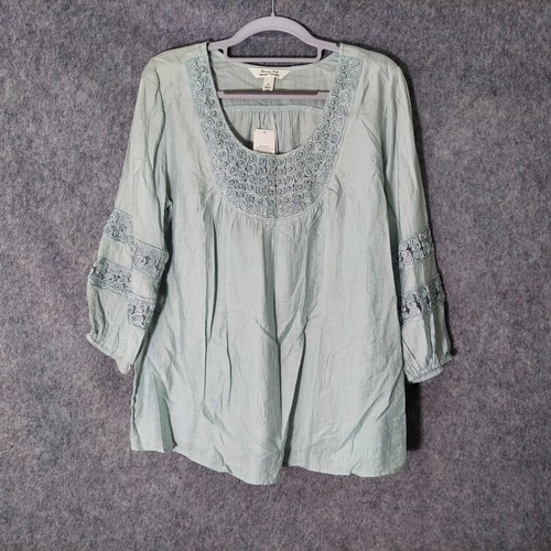 Krazy Kat Tunic M Embroidered Beaded Crepe Crinkled Mint 3/4 Sleeve Lightweight
