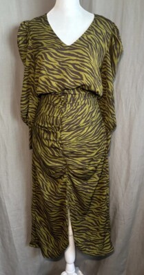 Moon River Anthropologie NWT Tiger Animal Stripe Ruched Green Midi Size  Xsmall | eBay