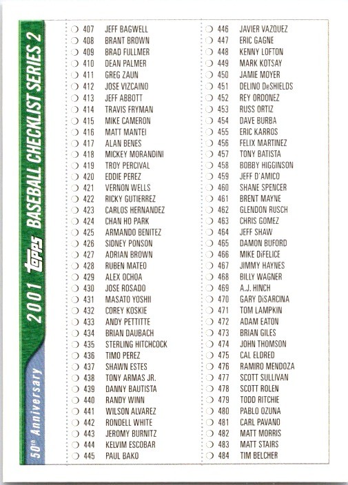 2001 Topps #1 Checklist 1: 407-558 Checklists Series 2 (HTA)