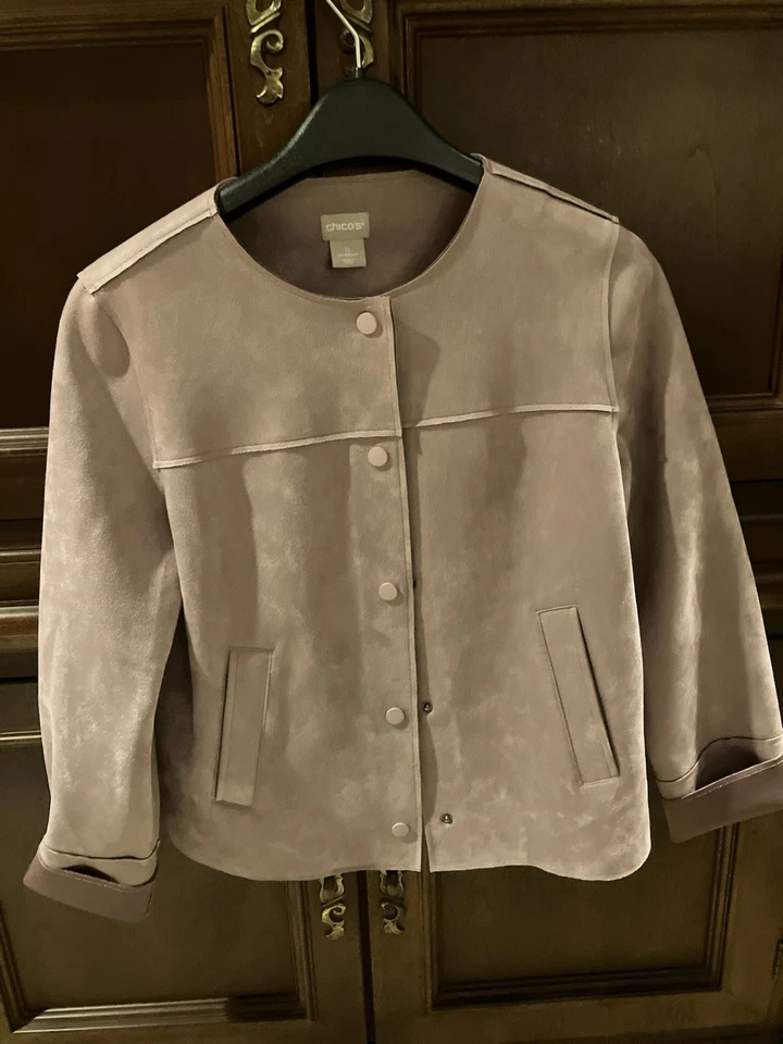 Chico's Jacket Womens 0 (Sz 4-6) Pale Mauve Faux Scuba Suede Soft Snap Front EUC - Image 3 of 4