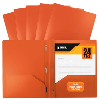 Orange Plastic 2 Pocket Folders With 3 Metal Prongs Fastener Clips 24 Pack - Image 1 of 4