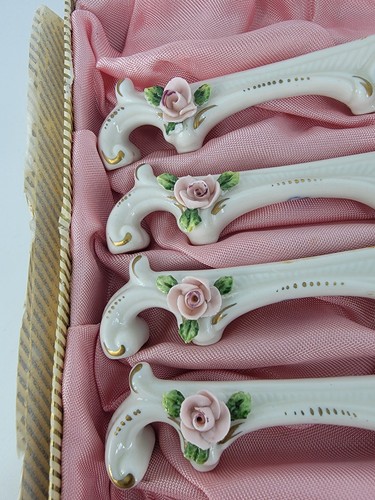 Vtg Germany Porcelain Knife Rests Rudolf Kammer Set 4 Dainty Rose W Gold Boxed - Picture 4 of 10