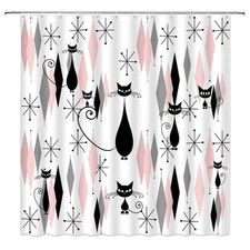 Mid Century Black Cat Shower Curtain Atomic Cat Modern Abstract Geometric Ico...