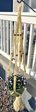 54" Vintage Macrame Plant Holder Large Beaded Wooden Beads 1970's Boho Cream