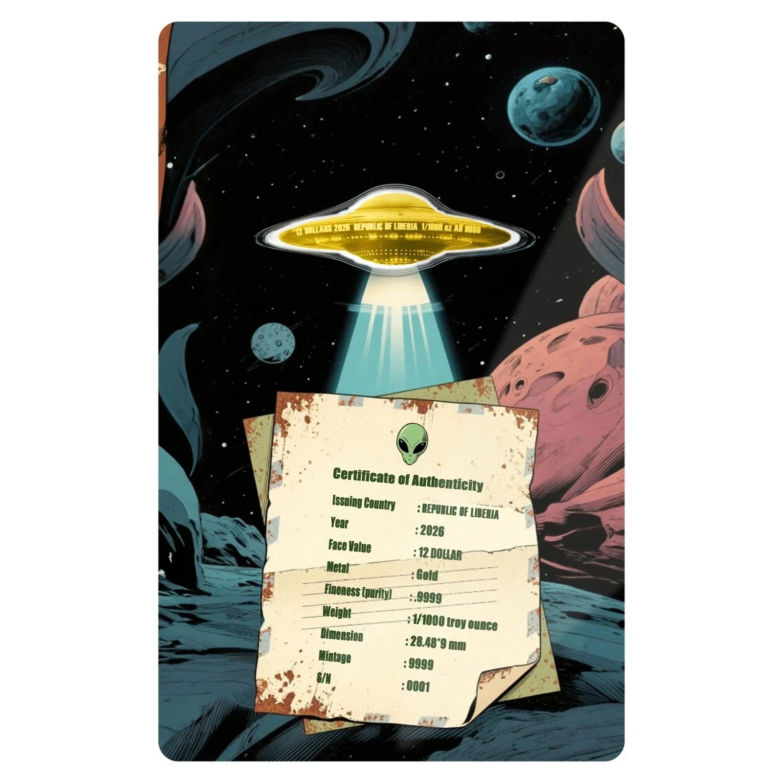 2026 Liberia - Una lettera dallo spazio esterno - moneta d'oro a forma di UFO 1/1000 oz in carta - Foto 4 di 4