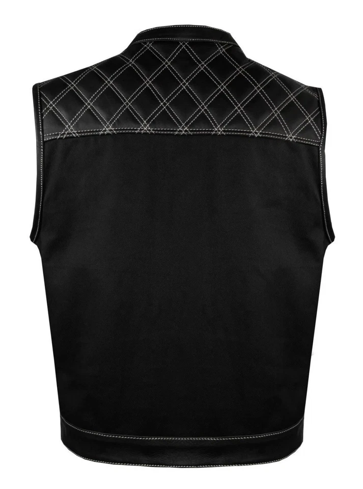 SOA Men's Motorcycle Club Denim & Leather Vest w/ 2 Concealed Carry Pocket - Image 3 of 4