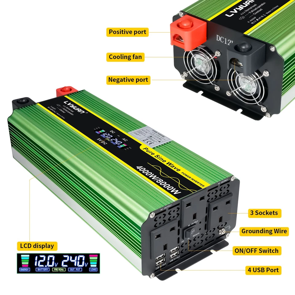 4000W 8000W Pure Sine Wave Power Inverter 12V to 240V 4USB 3AC LCD Car Converter - Image 4 of 4