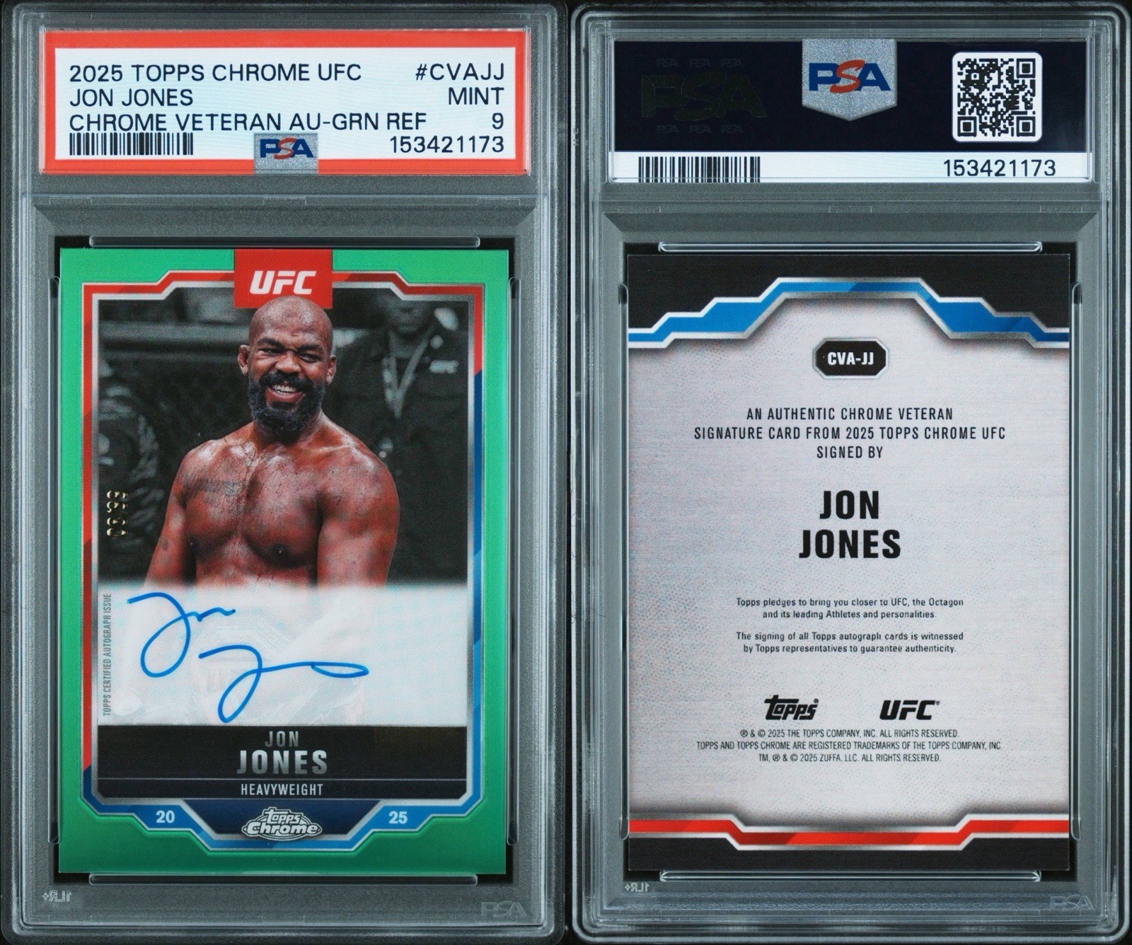 2025 Topps UFC Chrome Jon Jones Veteran Auto Green Refractor #/99 PSA 9 view 2
