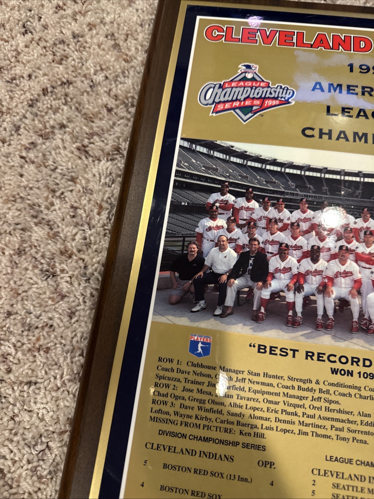 Cleveland Indians Vintage 1995 American League Champions Team Plaque. Most Wins!