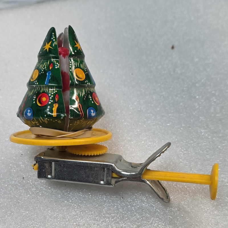 Vintage Wind-Up Christmas Tree & Santa Figurine Moving Parts Metal Plastic