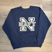 Vintage 80s Velva Sheen Navy Blue Graphic Sweatshirt Raglan USA Made Mens Medium
