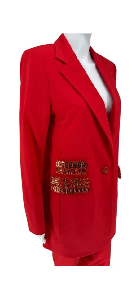 Terno calça de bolso Pamella Roland vermelho cristal enfeitado – Grande - Imagem 2 de 4