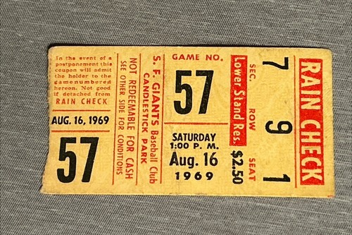 San Francisco Giants,Chicago Cubs MLB TICKET STUB 8/16/1969,Willie Mays,G. Perry - Picture 3 of 5