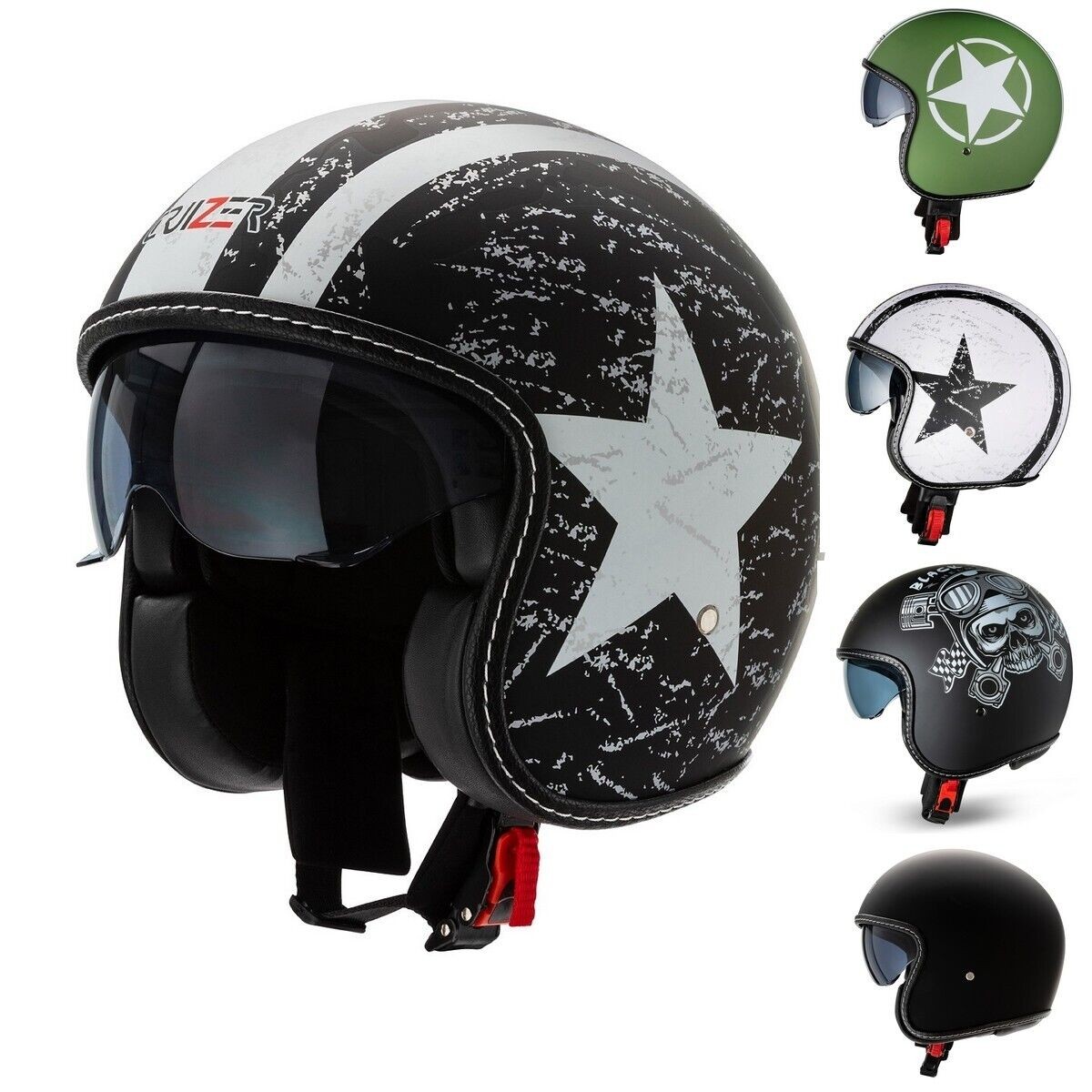 CRUIZER Casco Moto Jet Custom Scooter Omologato Visiera Sole Interna Vintage Ban