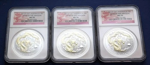 Lot of 3 2012 P Australia YEAR OF THE DRAGON-GILT 1 oz. Silver NGC MS70