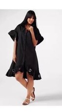 Oversized Black Ruffle Hem Dress Silver Grommet Button-Down Flutter Sleeves S