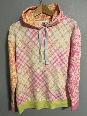 Escada Womens Hoodie Size Small Sweatshirt Pink Yellow Floral Plaid Pattern