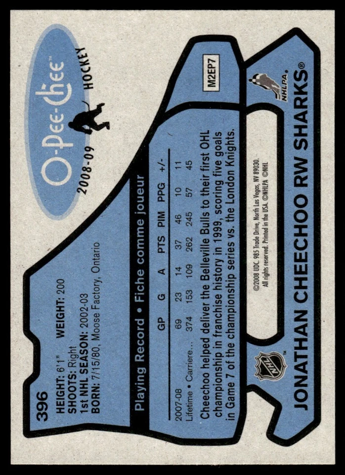 2008-09 O-Pee-Chee 1979-80 Retro Jonathan Cheechoo San Jose Sharks #396 - Image 2 of 2