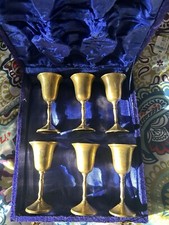 Vintage Set Of Six Etched Brass Epins In Blue Velvet Box