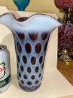 Vintage Fenton Purple Coin Dot Ruffle Top Opalescent Vase Rare Find 8” Tall