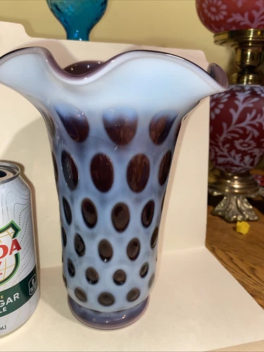 Vintage Fenton Purple Coin Dot Ruffle Top Opalescent Vase Rare Find 8” Tall