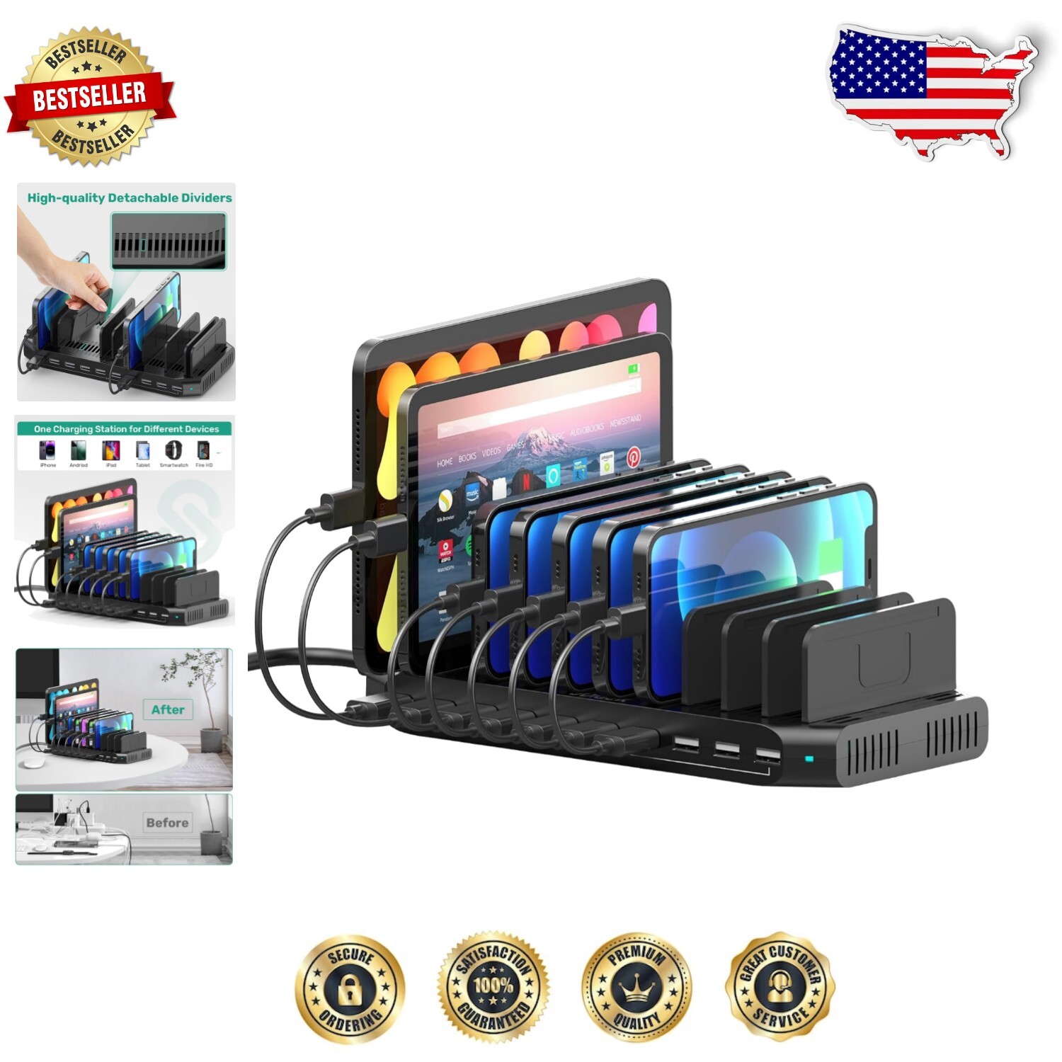 10-Port Multi Device Charger for Phones, Tablets & More - Compact & Adjustable