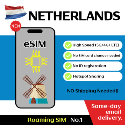 Netherlands + Europe 33Countries  Travel eSIM - 12 to 30 Days - Unlimited, 5G