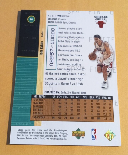 1998-99 SPx Finite #86 Toni Kukoc w/Michael Jordan! - /10000 - Chicago Bulls - Picture 2 of 3