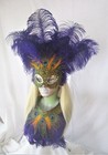Mardi Gras mask and collar set with purple ostrich and peacock feathers 1086 S