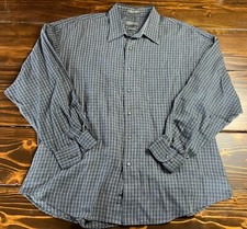 Van Heusen Shirt Men's XL 17-17.5 Gray White Blue Plaid Wrinkle Free Button Up
