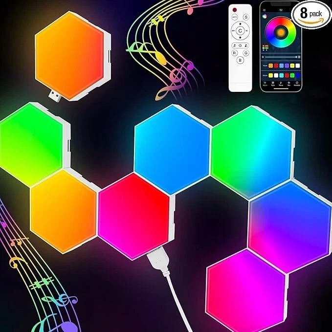 Panel LED hexagonal para juegos (8 piezas) tres métodos de control - alimentado por USB Foto 4 de 4