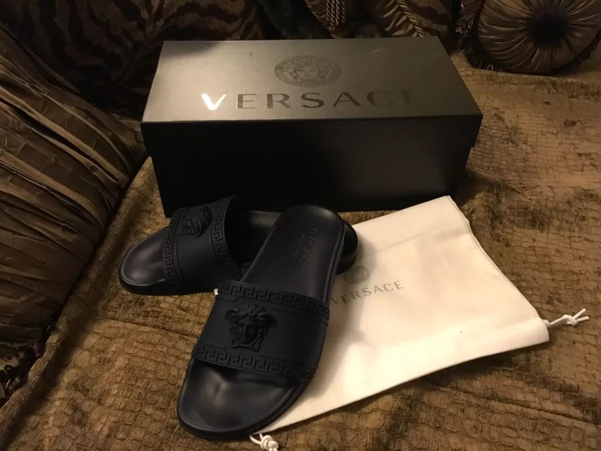 Men s Versace Medusa Head Slide Sandal Navy Blue Palazzo Flip flop Slider