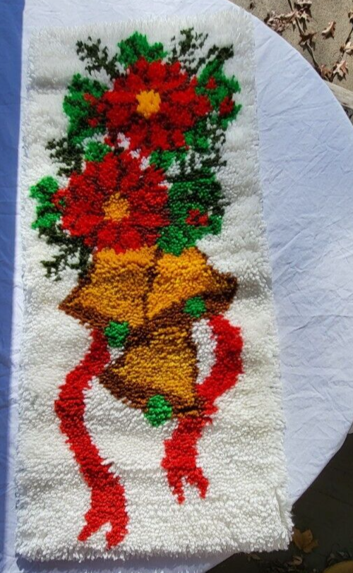 Vtg Christmas Holiday Handmade Latch Hook Poinsettia & Bells Rug