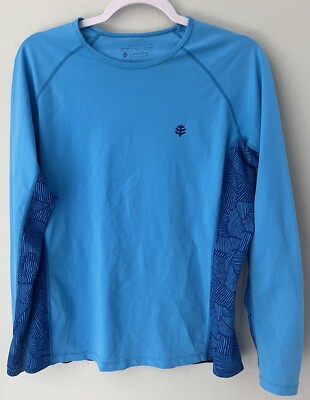 Coolibar Top L Large Blue Long Sleeve Tropical Print Shirt Turquoise Navy Leaf
