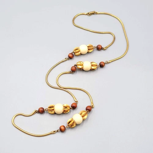 Vintage Long Station Wood Bead Necklace Snake Chain 34" Estate Costume Jewelry