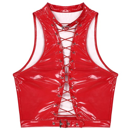 Womens PVC Leather Flared Skirts Wet Look Lace up Tops Shiny Party Clubwear - Picture 8 of 80