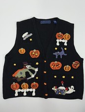 VTG HALLOWEEN Knit Crochet SWEATER VEST CAT WHIMSIGOTH FALL Nostalgic GHOST