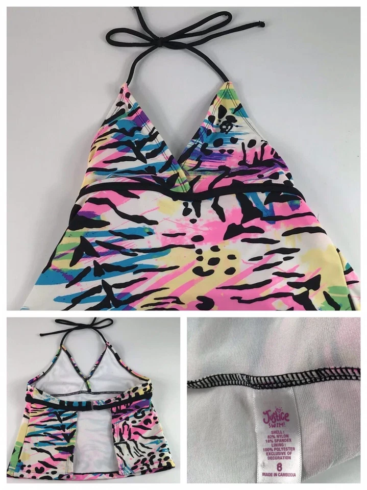 Justice Girls Swimsuit Tops Size 8 Small Tankini Tops Only LOT OF 2 Halter Style - Image 3 of 4