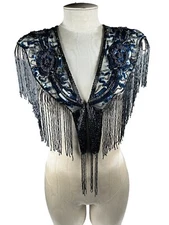 Beaded Sequin Rose Flapper Accessory Shawl Shrug Iridescent Navy Blue Fringe
