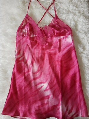 Frederick's Of Hollywood pink/fuchsia satin chemise w/tiger print & lace size L