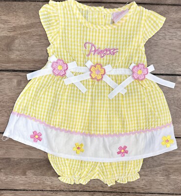 Mon Petit Baby 2 Pc  - Baby  Girls Gingham Floral Dress & Diaper Cover Size 6/9M