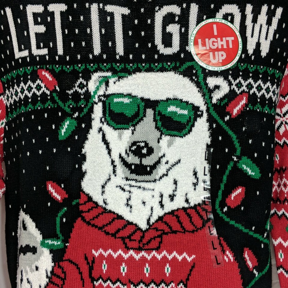 NWT Ugly Christmas Sweater Polar Bear Light Up Let It Glow Lg Long