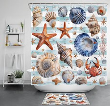 Seashell and Starfish on Blue Striped Shower Curtain Bathroom Accessories Set