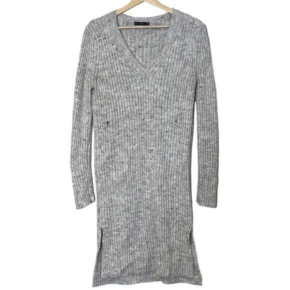 Zara Wool Blend Ribbed Knit V Neck Sweater Dress Size M Speckled