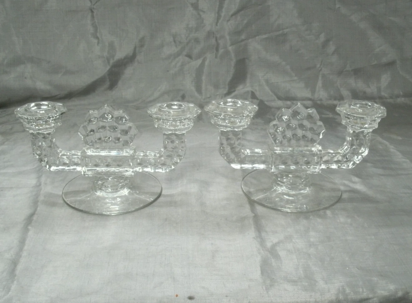 Vtg Fostoria AMERICAN Clear #290 Pair of Double Footed Candlesticks #2056 EC