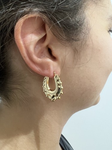 9CT YELLOW GOLD HALLMARKED VICTORIAN MEDIUM CHUNKY OVAL CREOLE HOOP EARRINGS - Picture 2 of 4