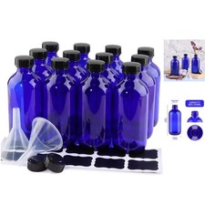 Elegant 12-Pack 8 oz Cobalt Blue Boston Round Bottles with Labels Funnel Set